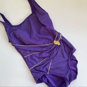 Vintage ROXANNE 80s One Piece Swim Suit Purple Gold Women Size Small Made in USA